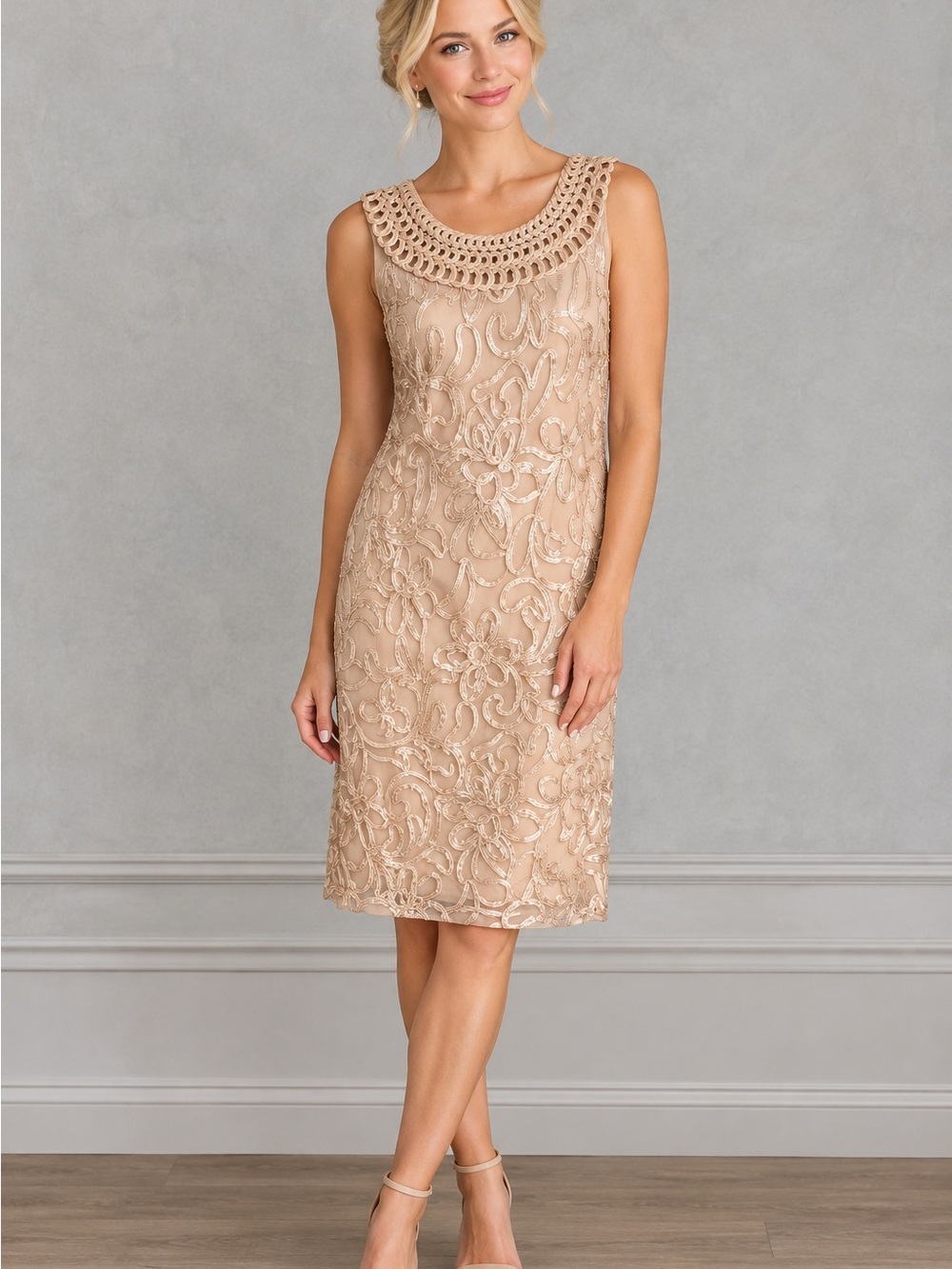 Jessica Howard Embellished Crochet-Neck Sheath Dress in Nude